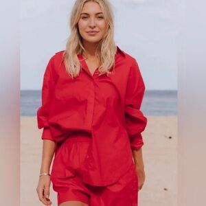 Daily Drills Red Oversized Button Down Shirt